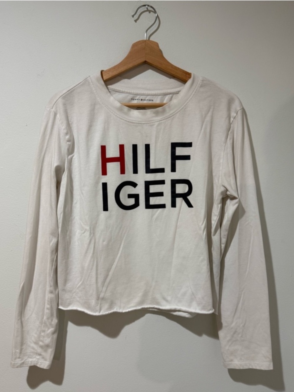 Tommy Hilfiger Long Sleeve White Top with Red & Black Logo